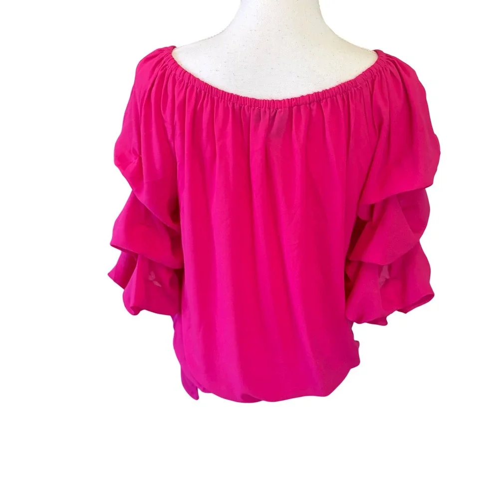 CeCe Hot Pink Bubble Ruffle Sleeve Off Shoulder Top Sz Large Barbiecore Summer - Picture 5 of 9